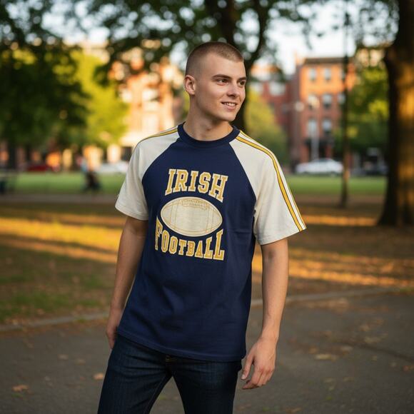 True Vintage 80s Velva Sheen Notre Dame Football Blue Tee T-Shirt Large - Picture 1 of 7